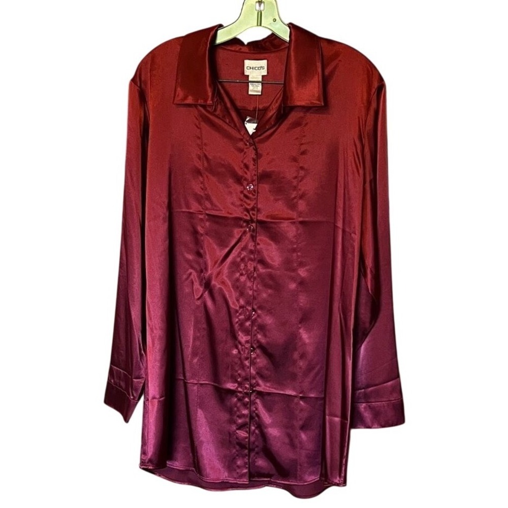 CHICO'S Button Down Satin Shirt Large (12) Cranberry Red Silky Splendor Anna Lee - Picture 3 of 11